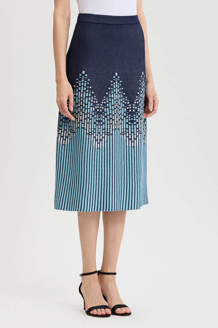 Flared Linear Ombre Soft Knit Midi Skirt, Indigo/Limestone/Serene/White | Ming Wang