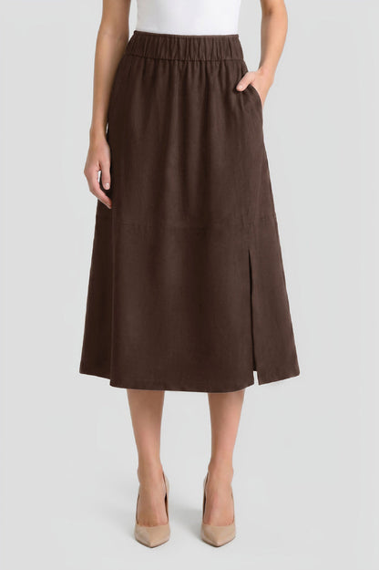 Flared Side Slit Faux Suede Maxi Skirt, Dark Umber | Ming Wang