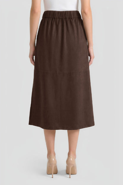 Flared Side Slit Faux Suede Maxi Skirt, Dark Umber | Ming Wang