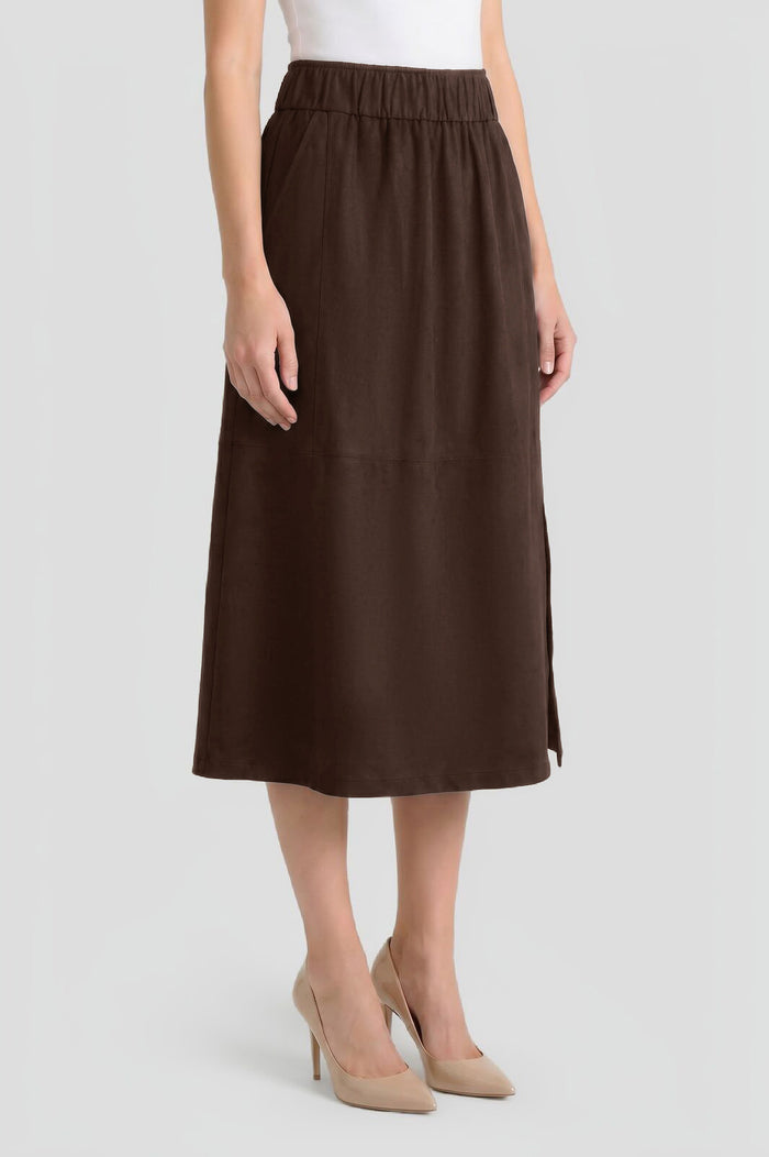 Flared Side Slit Faux Suede Maxi Skirt, Dark Umber | Ming Wang