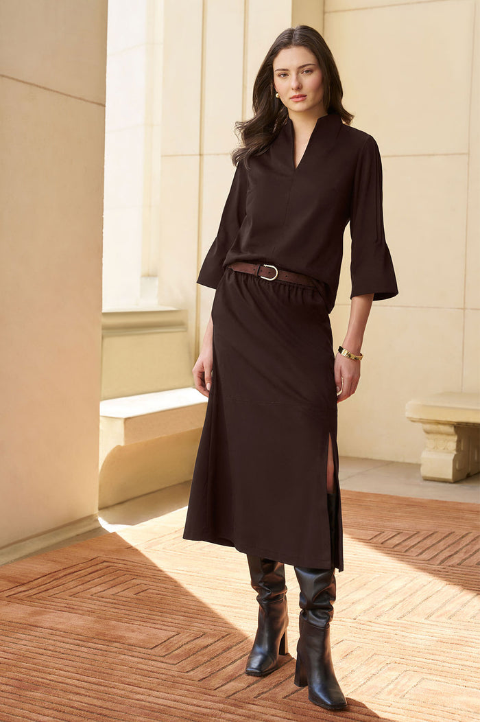 Flared Side Slit Faux Suede Maxi Skirt, Dark Umber | Ming Wang