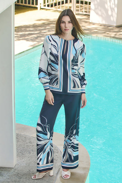Floral Abstract Crepe de Chine Blouse, Indigo/White/Limestone/Serene | Ming Wang