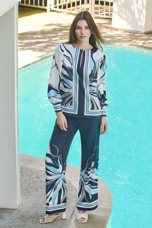 Floral Abstract Crepe de Chine Blouse, Indigo/White/Limestone/Serene | Ming Wang
