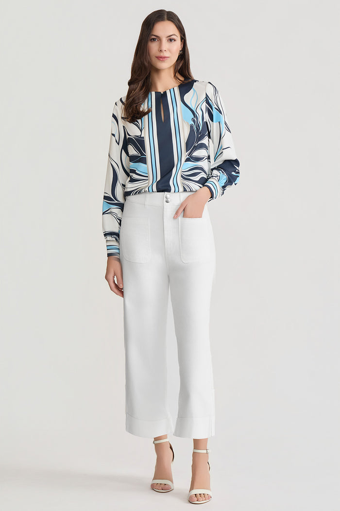 Floral Abstract Crepe de Chine Blouse, Indigo/White/Limestone/Serene | Ming Wang