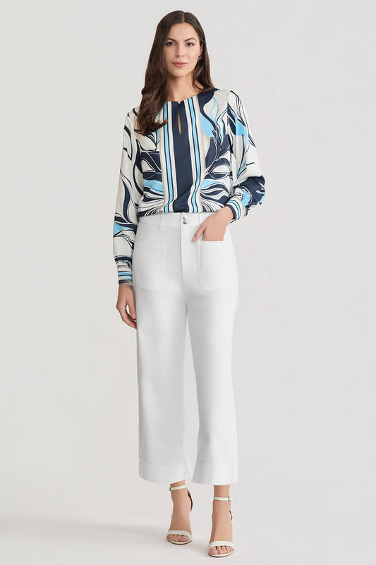 Floral Abstract Crepe de Chine Blouse, Indigo/White/Limestone/Serene | Ming Wang