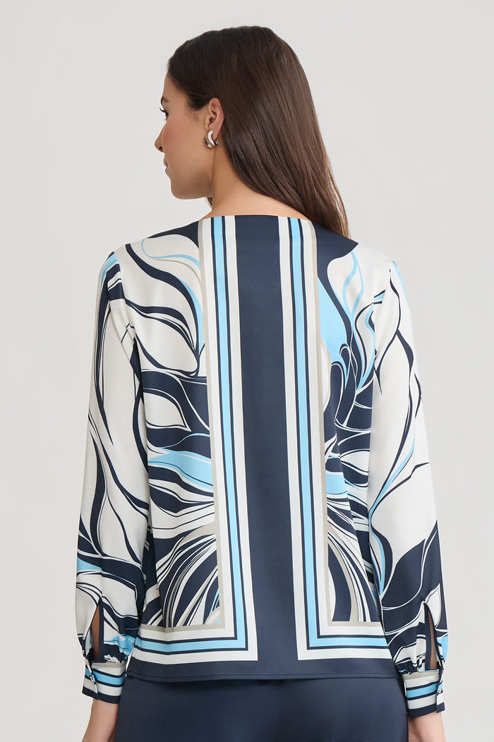 Floral Abstract Crepe de Chine Blouse, Indigo/White/Limestone/Serene | Ming Wang