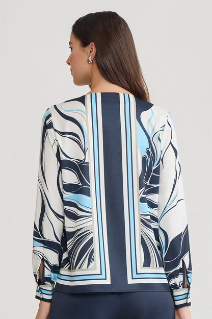 Floral Abstract Crepe de Chine Blouse, Indigo/White/Limestone/Serene | Ming Wang