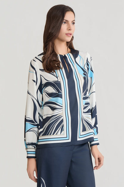 Floral Abstract Crepe de Chine Blouse, Indigo/White/Limestone/Serene | Ming Wang