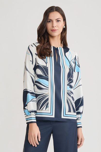 Floral Abstract Crepe de Chine Blouse, Indigo/White/Limestone/Serene | Ming Wang
