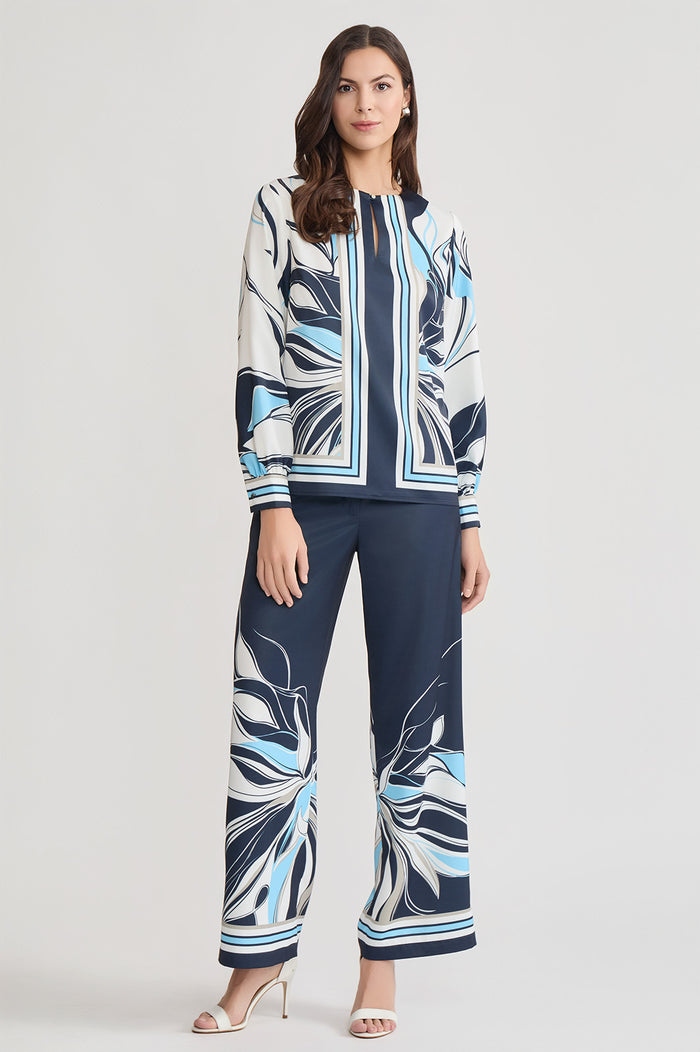 Floral Abstract Crepe de Chine Blouse, Indigo/White/Limestone/Serene | Ming Wang