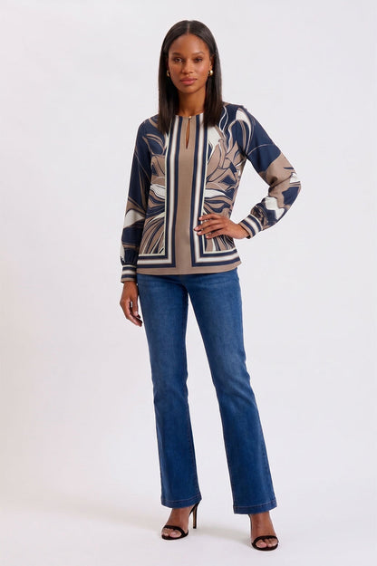 Floral Abstract Crepe de Chine Blouse, Warm Taupe, Warm Taupe/Indigo/Ivory/French Almond | Ming Wang