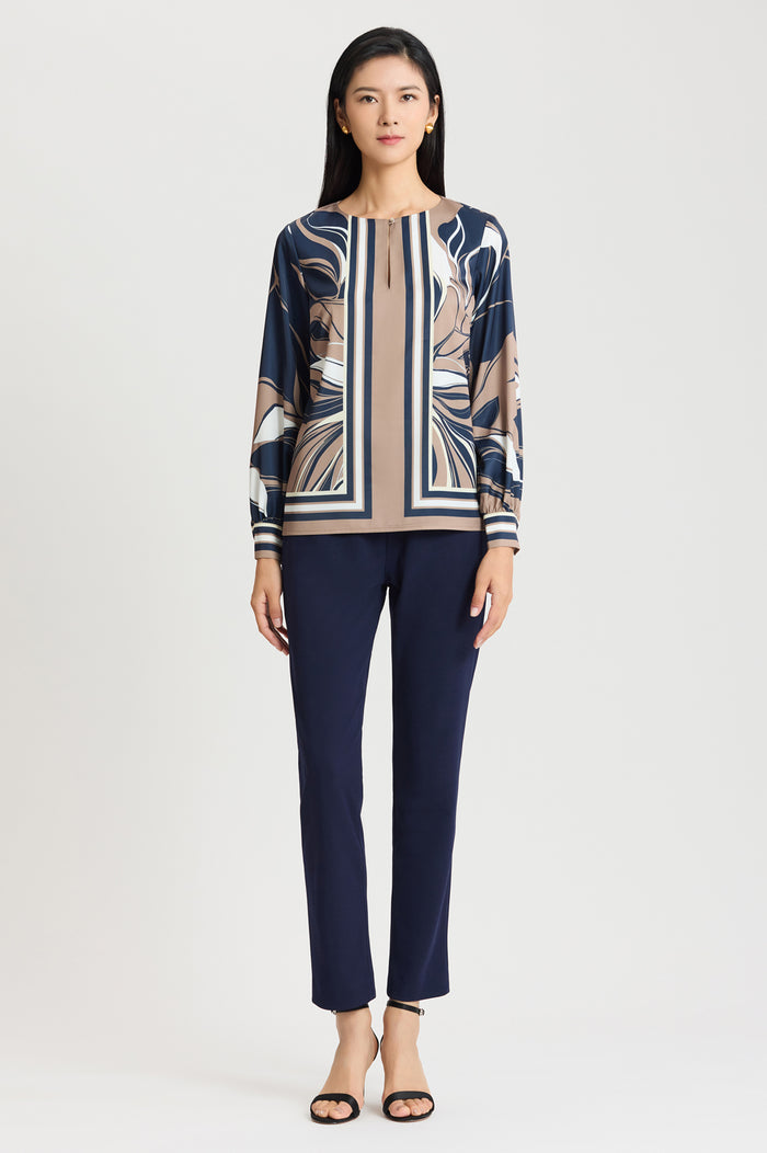 Floral Abstract Crepe de Chine Blouse, Warm Taupe, Warm Taupe/Indigo/Ivory/French Almond | Ming Wang
