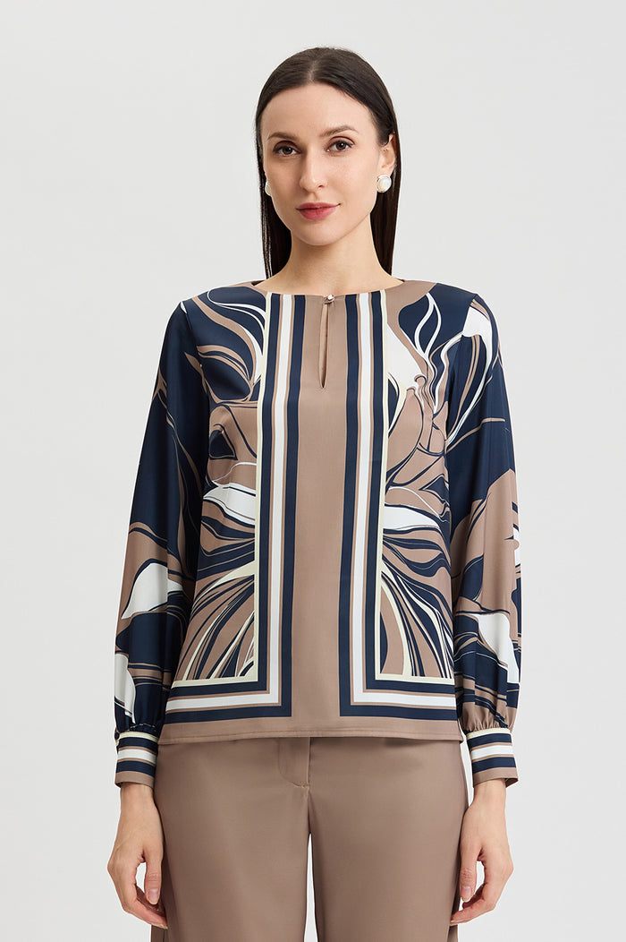Floral Abstract Crepe de Chine Blouse, Warm Taupe, Warm Taupe/Indigo/Ivory/French Almond | Ming Wang