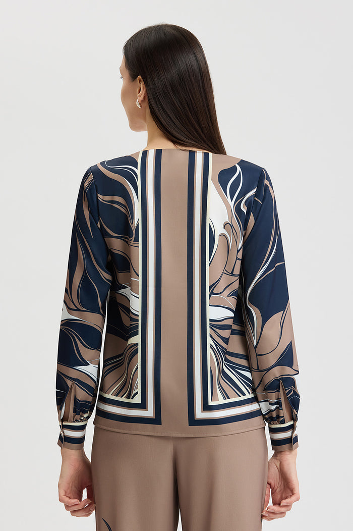 Floral Abstract Crepe de Chine Blouse, Warm Taupe, Warm Taupe/Indigo/Ivory/French Almond | Ming Wang
