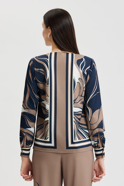 Floral Abstract Crepe de Chine Blouse, Warm Taupe, Warm Taupe/Indigo/Ivory/French Almond | Ming Wang