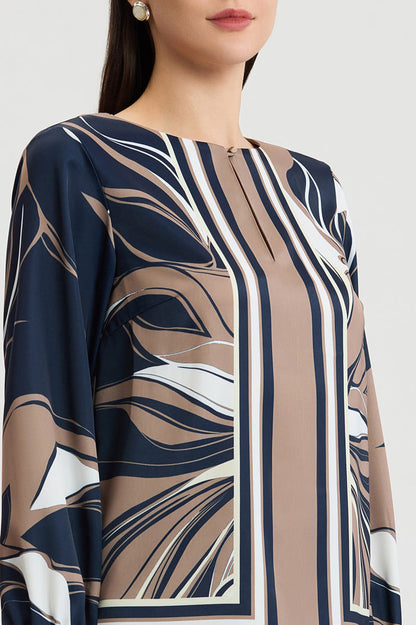 Floral Abstract Crepe de Chine Blouse, Warm Taupe, Warm Taupe/Indigo/Ivory/French Almond | Ming Wang