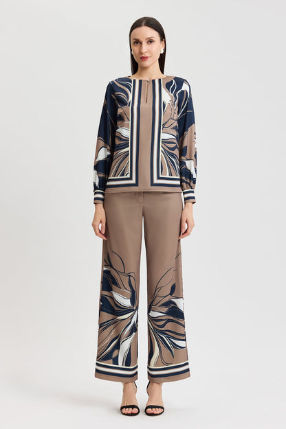 Floral Abstract Crepe de Chine Blouse, Warm Taupe, Warm Taupe/Indigo/Ivory/French Almond | Ming Wang