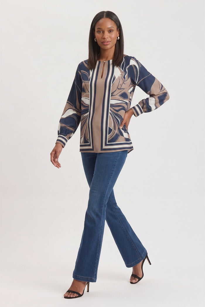 Floral Abstract Crepe de Chine Blouse, Warm Taupe, Warm Taupe/Indigo/Ivory/French Almond | Ming Wang