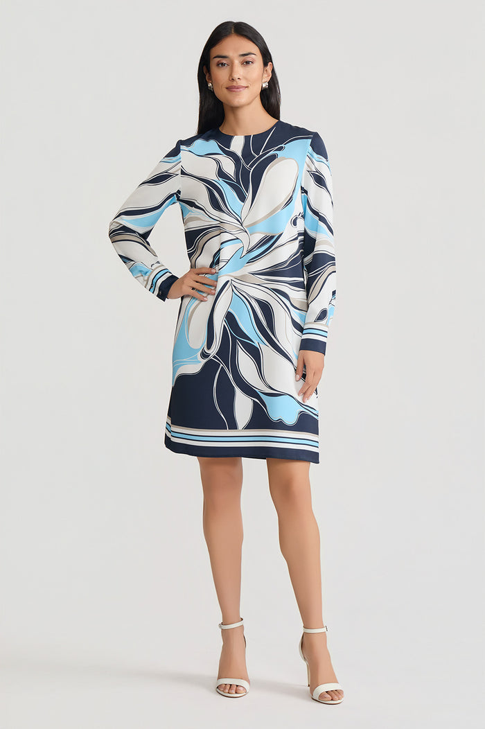 Floral Abstract Crepe de Chine Shift Dress, Indigo/White/Limestone/Serene | Ming Wang