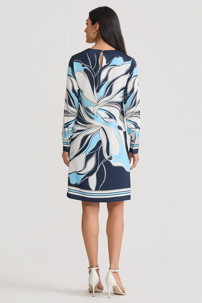 Floral Abstract Crepe de Chine Shift Dress, Indigo/White/Limestone/Serene | Ming Wang