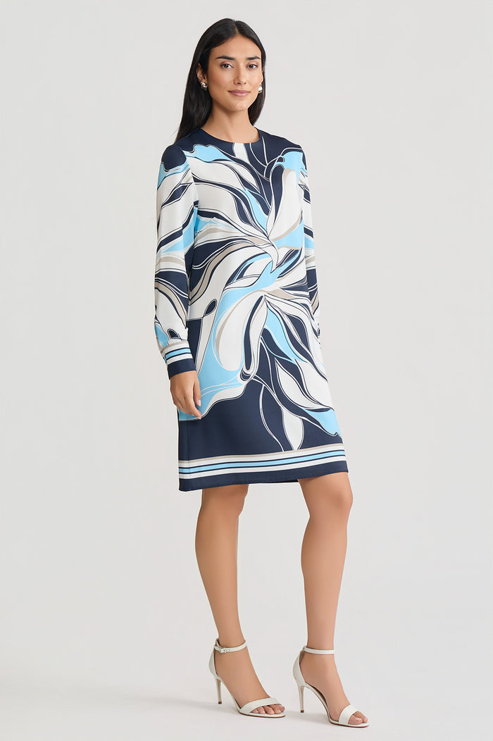 Floral Abstract Crepe de Chine Shift Dress, Indigo/White/Limestone/Serene | Ming Wang