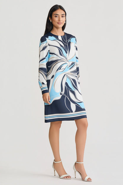 Floral Abstract Crepe de Chine Shift Dress, Indigo/White/Limestone/Serene | Ming Wang