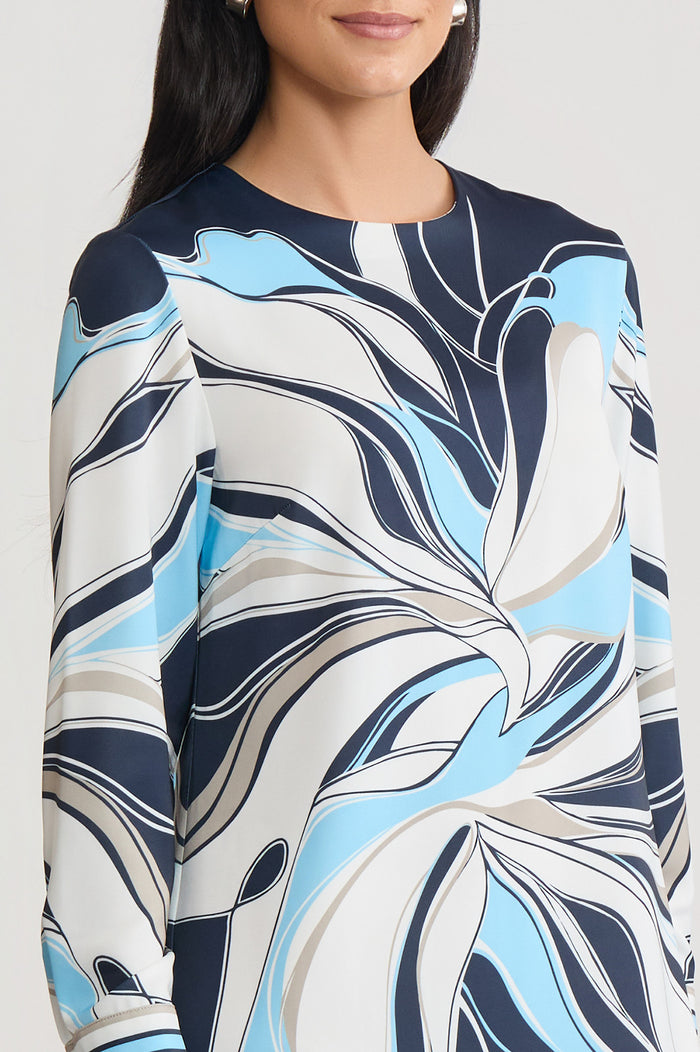 Floral Abstract Crepe de Chine Shift Dress, Indigo/White/Limestone/Serene | Ming Wang