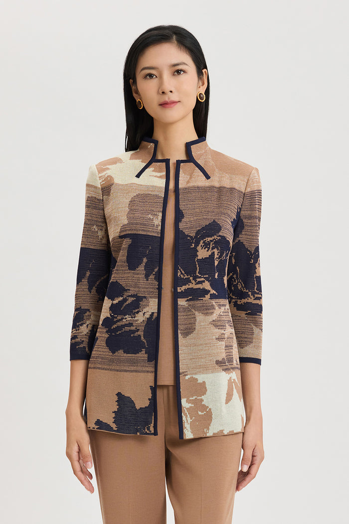 Floral Jacquard Ombre Knit Jacket, Warm Taupe/French Almond/Indigo | Ming Wang