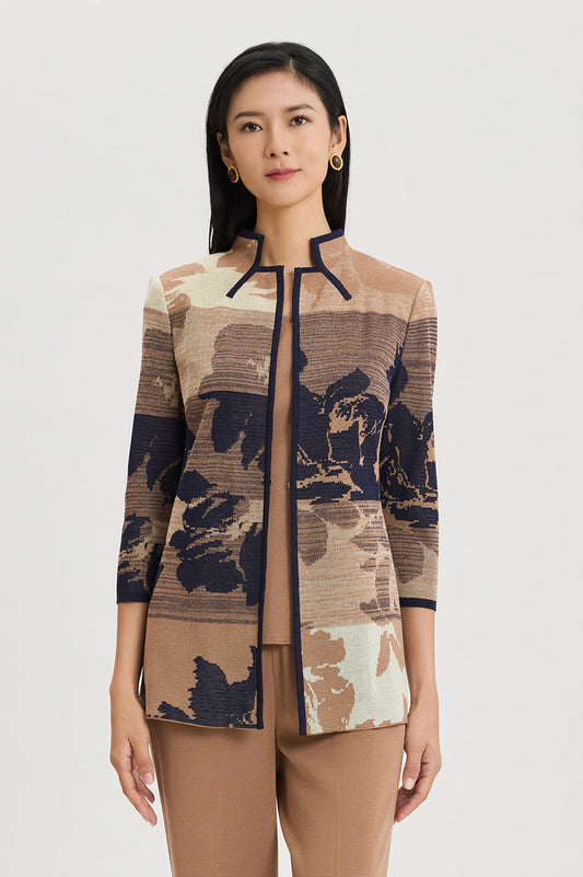Floral Jacquard Ombre Knit Jacket, Warm Taupe/French Almond/Indigo | Ming Wang