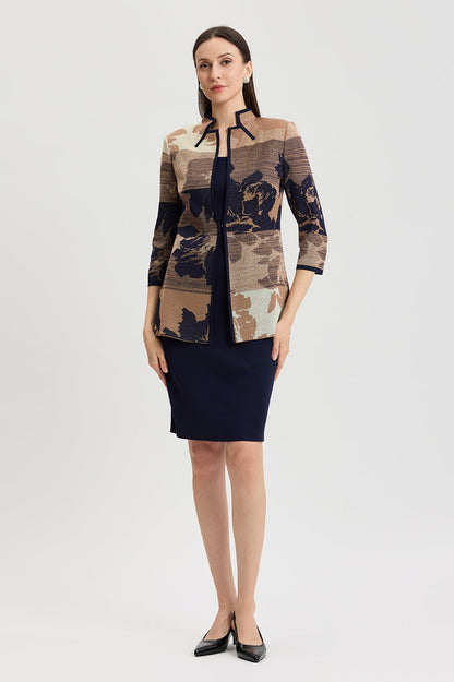 Floral Jacquard Ombre Knit Jacket, Warm Taupe/French Almond/Indigo | Ming Wang