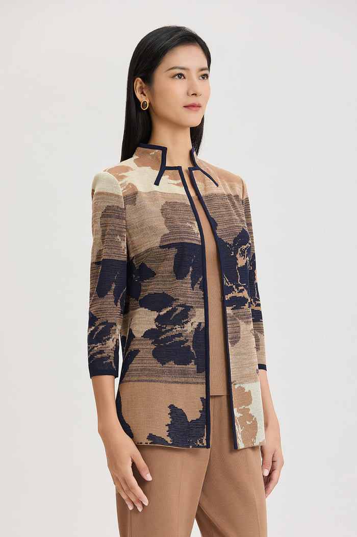 Floral Jacquard Ombre Knit Jacket, Warm Taupe/French Almond/Indigo | Ming Wang