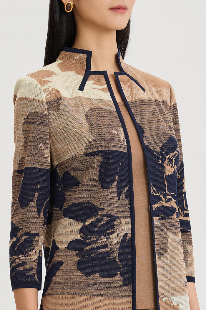 Floral Jacquard Ombre Knit Jacket, Warm Taupe/French Almond/Indigo | Ming Wang