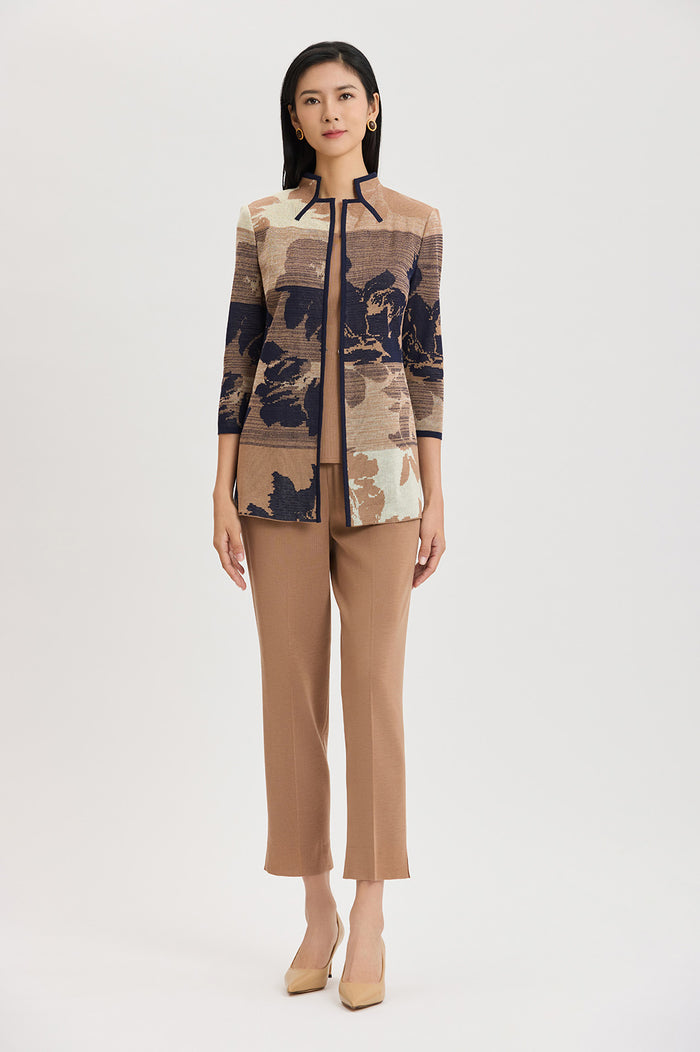 Floral Jacquard Ombre Knit Jacket, Warm Taupe/French Almond/Indigo | Ming Wang