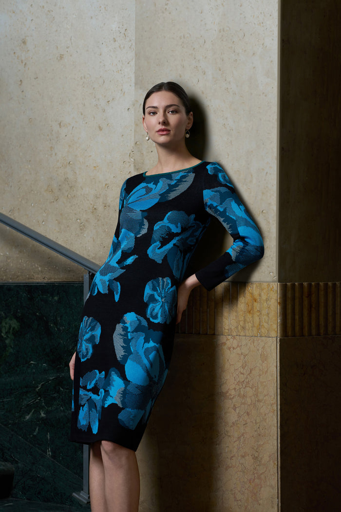 Floral Jacquard Soft Knit Midi Dress, Deep Teal/Tranquil Blue/French Almond/Black | Ming Wang