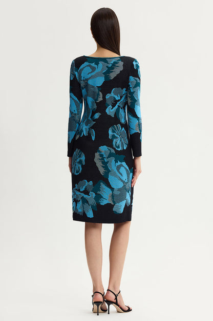 Floral Jacquard Soft Knit Midi Dress, Deep Teal/Tranquil Blue/French Almond/Black | Ming Wang