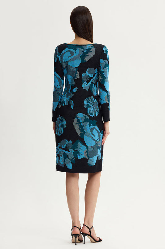 Floral Jacquard Soft Knit Midi Dress, Deep Teal/Tranquil Blue/French Almond/Black | Ming Wang
