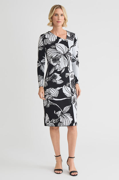 Floral Jacquard Soft Knit Sheath Dress, Black/White | Ming Wang