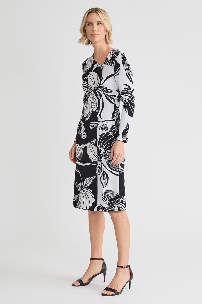 Floral Jacquard Soft Knit Sheath Dress, Black/White | Ming Wang