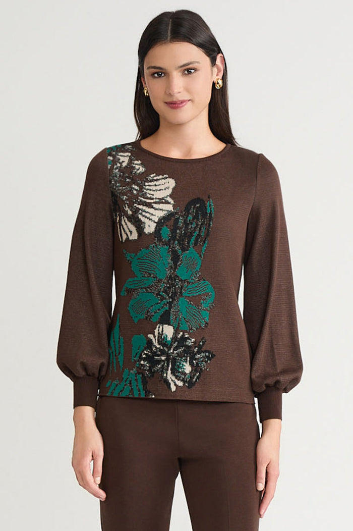 Floral Jacquard Soft Knit Top, Dark Umber/Everest/Twig/Black | Ming Wang