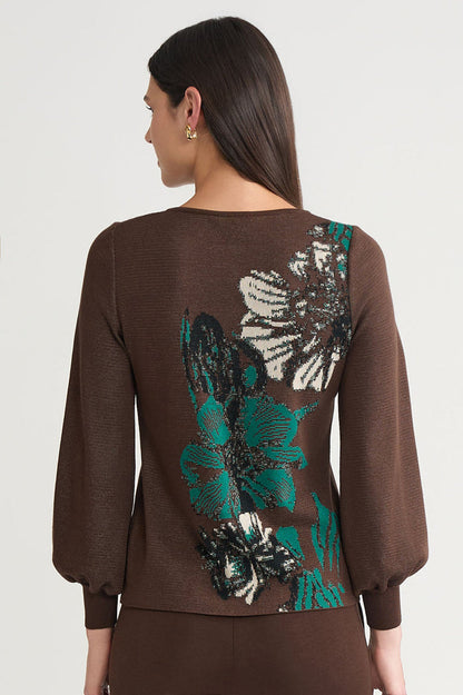 Floral Jacquard Soft Knit Top, Dark Umber/Everest/Twig/Black | Ming Wang