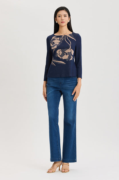 Floral Jacquard Soft Knit Top, Indigo/Ivory/Warm Taupe | Ming Wang