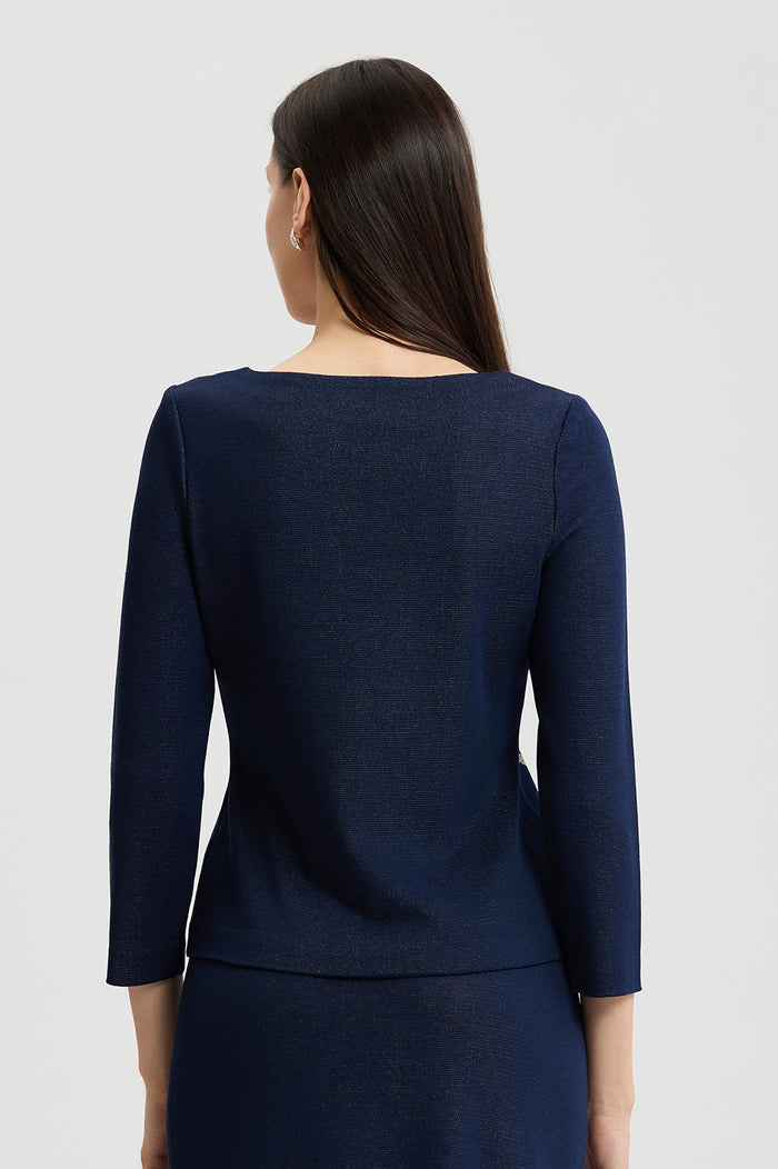 Floral Jacquard Soft Knit Top, Indigo/Ivory/Warm Taupe | Ming Wang