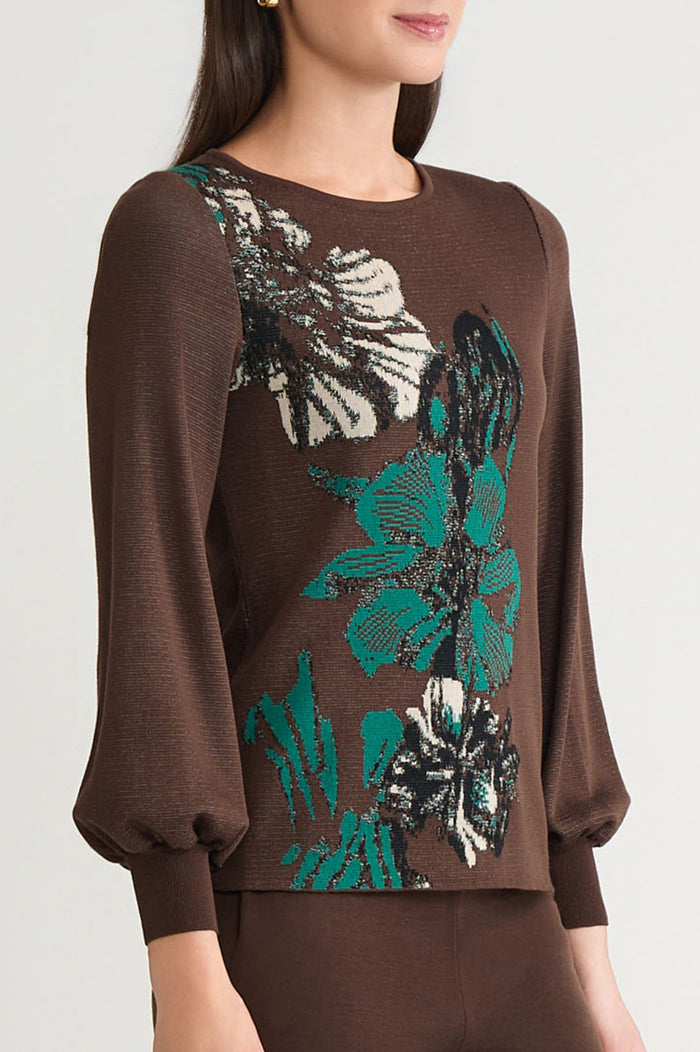 Floral Jacquard Soft Knit Top, Dark Umber/Everest/Twig/Black | Ming Wang