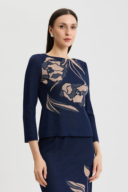 Floral Jacquard Soft Knit Top, Indigo/Ivory/Warm Taupe | Ming Wang