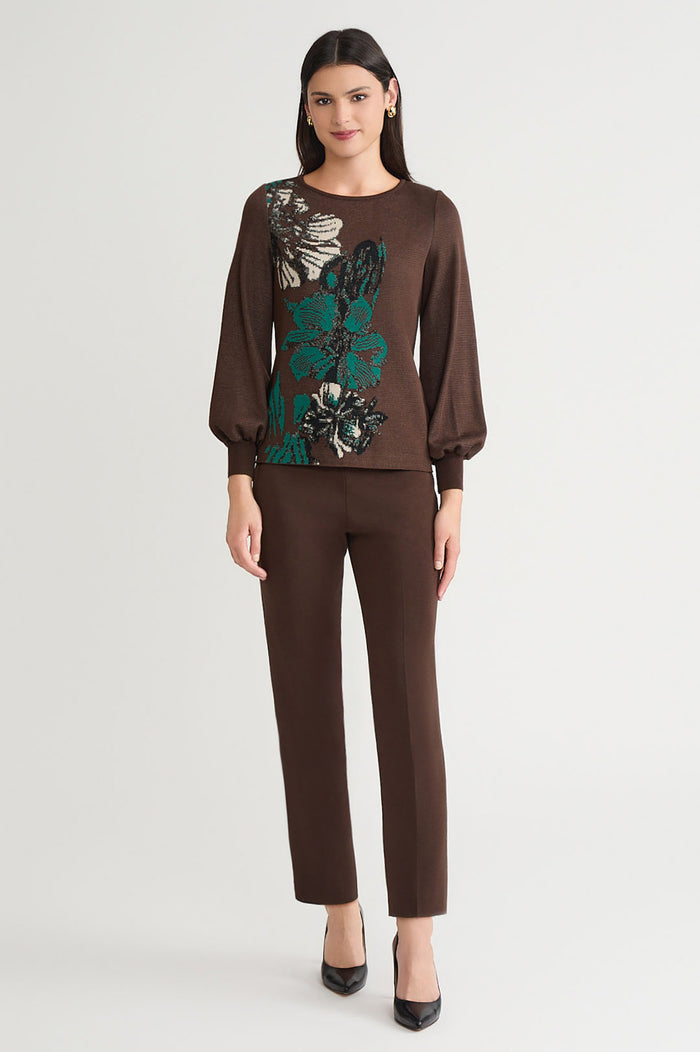 Floral Jacquard Soft Knit Top, Dark Umber/Everest/Twig/Black | Ming Wang