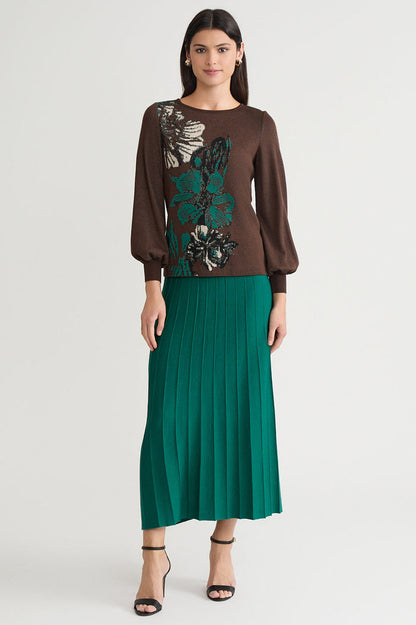 Floral Jacquard Soft Knit Top, Dark Umber/Everest/Twig/Black | Ming Wang