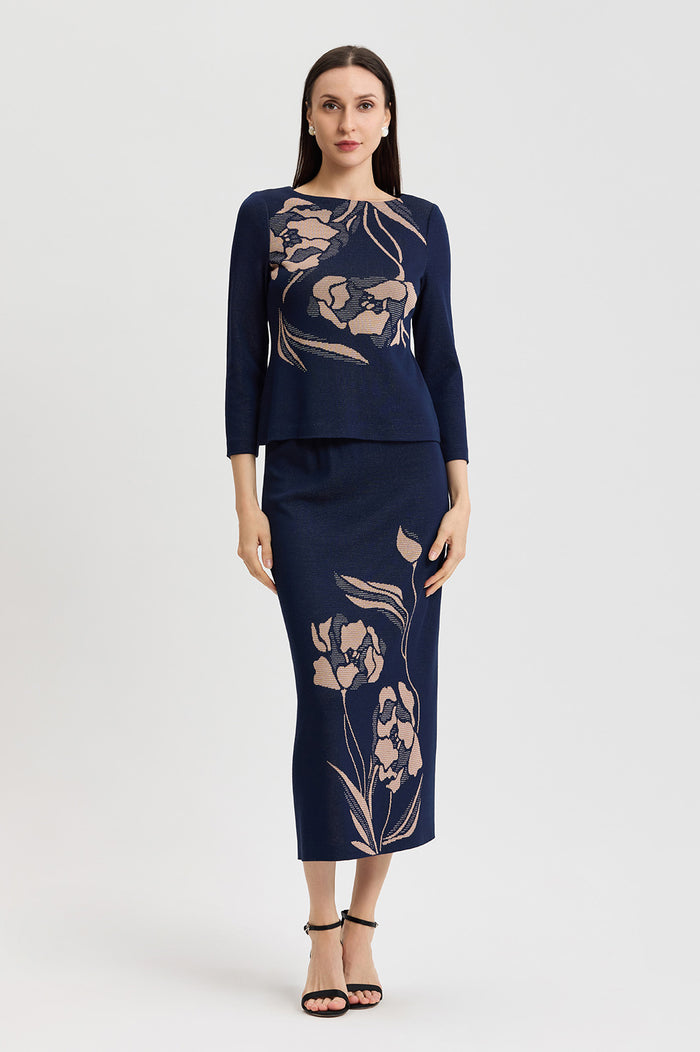 Floral Jacquard Soft Knit Top, Indigo/Ivory/Warm Taupe | Ming Wang