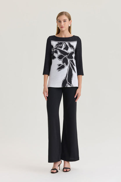 Floral Jacquard Soft Knit Tunic, Black/White | Ming Wang