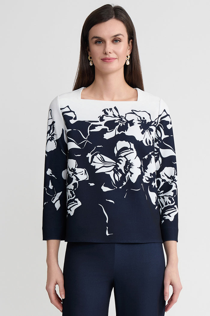 Floral Print Stretch Deco Crepe Blouse, Indigo/White | Ming Wang