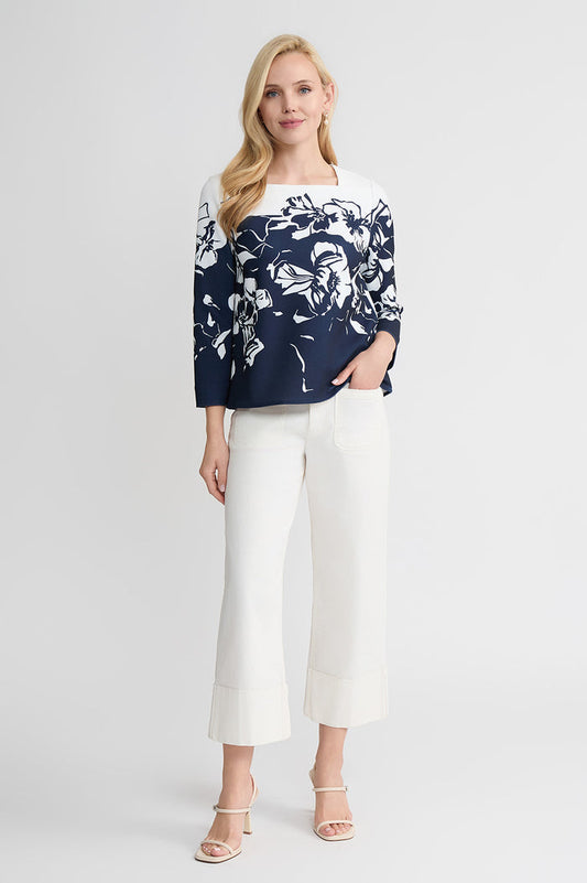 Floral Print Stretch Deco Crepe Blouse, Indigo/White | Ming Wang